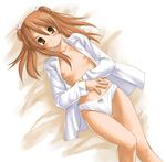  blush breasts brown_eyes brown_hair kasuga_yukihito mahou_sensei_negima! nipples no_bra open_clothes open_shirt panties sakura_mei shirt small_breasts solo underwear 