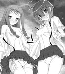  :&lt; ahoge ayase_yue bangs blush bow bow_panties braid breasts flat_chest greyscale mahou_sensei_negima! miyazaki_nodoka monochrome multiple_girls nipples off_shoulder open_clothes open_shirt panties rentaichou ribbon shirt side-tie_panties small_breasts thighhighs twin_braids underwear wind wind_lift 