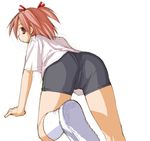  all_fours arm_support ass black_shorts eyebrows_visible_through_hair foreshortening from_behind hair_ribbon kasuga_yukihito kneehighs looking_back mahou_sensei_negima! pink_hair profile red_eyes red_ribbon ribbon sasaki_makie shirt shoe_soles shoes short_sleeves shorts simple_background sketch solo two_side_up white_background white_footwear white_legwear white_shirt 