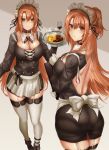  1girl alternate_costume apron ass asuna_(sao) back bangs black_ribbon blush breasts brown_eyes choker cleavage closed_mouth cup drinking_glass empty_eyes from_behind garter_belt garter_straps gloves grey hair_between_eyes highres hikari_(komitiookami) holding holding_tray large_breasts looking_at_viewer maid maid_apron maid_dress maid_headdress open_mouth pantylines parted_lips ribbon smile solo standing sword_art_online thighs tray white_gloves white_legwear wine_glass 