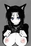  animal_ears black_hair blue_eyes blush breasts collar copyright_request huge_breasts michael shirt_lift smile solo 