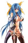  blue_hair breasts cleavage detached_sleeves dizzy guilty_gear huge_breasts lace lace-trimmed_thighhighs lingerie long_hair nipples red_eyes ribbon shujin simple_background solo tail thighhighs twintails underwear white_background 