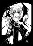  aoi_wakusei collarbone dress fate_testarossa greyscale hair_ribbon hand_on_own_chest long_hair lyrical_nanoha mahou_shoujo_lyrical_nanoha monochrome ribbon solo twintails upper_body very_long_hair 