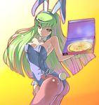  animal_ears ass bangs bow bowtie breasts bunny_ears bunnysuit c.c. cleavage code_geass fake_animal_ears food fura green_hair long_hair medium_breasts pantyhose pizza pizza_box solo 