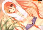  bee-be-beat_it! brown_eyes hachie itou_noiji long_hair midriff no_bra one_eye_closed open_fly open_mouth orange_hair red_eyes red_hair shorts solo towel unzipped very_long_hair wet zipper 