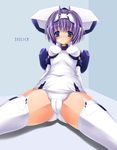  blue_eyes blush breasts cameltoe covered_nipples elbow_gloves exelica gloves mecha_musume medium_breasts panties purple_hair short_hair shujin solo spread_legs thighhighs trigger_heart_exelica underwear 