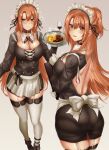  1girl alternate_costume apron ass asuna_(sao) back bangs black_ribbon blush breasts brown_eyes choker cleavage closed_mouth commentary_request cup drinking_glass from_behind garter_belt garter_straps gloves grey hair_between_eyes highres hikari_(komitiookami) holding holding_tray large_breasts looking_at_viewer maid maid_apron maid_dress maid_headdress open_mouth pantylines ribbon standing sword_art_online thighs tray white_gloves white_legwear wine_glass 