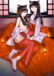  animal_ears black_hair candle copyright_request hair_over_breasts hakama hakua_ugetsu japanese_clothes kimono lying miko multiple_girls off_shoulder red_hakama siblings silver_eyes socks tabi topless twins undressing 