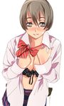  akino_(artist) bow bowtie bra bra_pull breasts brown_hair cleavage covering lingerie nail_polish open_clothes open_shirt original shirt short_hair small_breasts solo underwear 