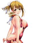  ass breasts brown_eyes brown_hair bun_cover copyright_request covered_nipples cum cum_on_ass double_bun highres large_breasts open_mouth shino_(comic_penguin_club) sideboob simple_background smile solo 