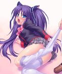  animal_ears blue_eyes blush bow cat_ears fang little_busters! long_hair pink_bow purple_hair sasasegawa_sasami school_uniform skirt solo thighhighs undressing zen 