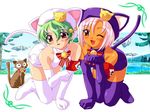  2girls animal_ears bell bent_over blush boots cat cat_ears cat_pose cat_tail elbow_gloves gloves green_hair highres little_monica_monogatari meow_(little_monica_monogatari) multiple_girls nonohara_miki paw_pose pink_hair tail thigh_boots thighhighs tina_(little_monica_monogatari) wallpaper wink 
