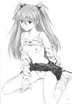  bra bra_lift breasts footwear highres lingerie monochrome neon_genesis_evangelion nipples open_legs panties school_uniform seifuku serafuku sitting skirt skirt_lift socks soryu_asuka_langley spread_legs twintails underwear undressing 