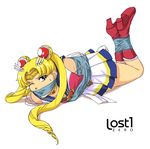  1girl bdsm bishoujo_senshi_sailor_moon blonde_hair blue_eyes bondage bound female full_body gag lost1zero sailor_moon solo super_sailor_moon sweatdrop tsukino_usagi white_background wince 