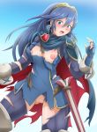  1girl areolae blue_eyes blue_hair blush bottomless breasts breasts_outside fire_emblem fire_emblem:_kakusei long_hair lucina medium_breasts nintendo nipples open_mouth pussy solo torn_clothes 