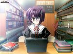  1girl blush book computer ef eyepatch indoors library looking_at_viewer purple_hair ribbon short_hair solo yellow_eyes 