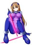  bodysuit brown_hair deed_(nanoha) energy_sword gloves lightsaber long_hair lyrical_nanoha mahou_shoujo_lyrical_nanoha_strikers numbers'_uniform numbers_(nanoha) pink_eyes purple_bodysuit sakura_yuu skin_tight solo sword weapon 