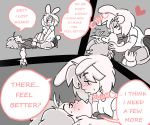  breasts clothed clothing comic dialogue digital_media_(artwork) english_text eyes_closed female female/female kissing lagomorph lewd4food lying mammal rabbit saliva simple_background text 