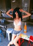  bikini_top highres hoshino_aki photo shirt_lift shorts tank_top 