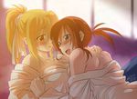  bamboo_blade blonde_hair blue_eyes blush breasts brown_hair chiba_kirino dougi face hair_ribbon kuwahara_sayako large_breasts long_hair multiple_girls off_shoulder ponytail red_eyes ribbon sweat yuri zpolice 