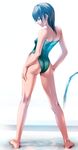  ass bad_id bad_pixiv_id bare_shoulders barefoot brown_eyes brown_hair feet flat_chest from_behind highres kneepits legs long_legs looking_back one-piece_swimsuit original rezi solo swimsuit wet white_background 