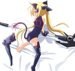  all_fours animal_ears ass asymmetrical_clothes bardiche barefoot bent_over blonde_hair cat_ears fate_testarossa kazekawa_nagi long_hair lyrical_nanoha mahou_shoujo_lyrical_nanoha pet_play single_thighhigh soles solo tail thighhighs twintails 