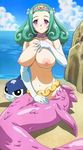  breasts character_request green_hair large_breasts lulu_(magipoka) mermaid monster_girl nipples pet purple_eyes renkin_san-kyuu_magical_pokaan seaside smile 