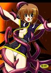  :o breasts brown_hair cowboy_shot fumihiro green_eyes hair_ornament looking_at_viewer lyrical_nanoha mahou_shoujo_lyrical_nanoha_strikers medium_breasts open_mouth outstretched_arms panties restrained slime solo standing surprised tentacles underwear white_panties x_hair_ornament yagami_hayate 