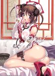  ass brown_hair china_dress chinese_clothes copyright_request dress elbow_gloves gloves hat highres konsu_konsuke licking long_legs looking_at_viewer nurse nurse_cap panties purple_eyes see-through sexually_suggestive solo spilling syringe thigh_strap underwear wet 