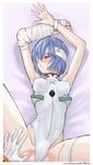  1girl adapted_costume age_difference armpits arms_up ayanami_rei bandage_over_one_eye bandaged_head bandaged_leg bandages bangs bare_shoulders bdsm bed_sheet blue_hair blush bondage bound bound_wrists breasts cast clenched_hand closed_mouth covered_nipples cowboy_shot crotch embarrassed eyepatch from_above gloves groin hair_between_eyes halterneck hetero highleg highleg_leotard highres ikari_gendou indoors leotard long_sleeves looking_away looking_to_the_side lying neon_genesis_evangelion number on_back on_bed pale_skin pilot_suit plugsuit raised_eyebrows red_eyes royalwatts short_hair skinny small_breasts solo_focus spread_legs sweat thigh_grab thighs turtleneck white_gloves white_leotard 