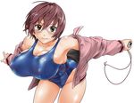  blue_swimsuit breasts brown_eyes competition_swimsuit covered_nipples cowboy_shot expressionless fukudahda glasses hair_between_eyes hair_ornament hairclip hatsukoi_limited holding huge_breasts jacket leaning_forward long_sleeves looking_at_viewer off_shoulder one-piece_swimsuit open_clothes open_jacket short_hair simple_background solo stopwatch swimsuit watase_meguru watch white_background 