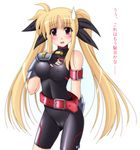  :d alternate_costume arm_behind_back armor bangs bare_shoulders belt beltbra black_gloves blonde_hair blush breasts buckle cameltoe collar covered_nipples cowboy_shot embarrassed fate_testarossa fingerless_gloves gloves hair_ribbon halterneck hand_on_own_chest impossible_clothes large_breasts long_hair looking_at_viewer loose_belt lyrical_nanoha magical_girl mahou_shoujo_lyrical_nanoha_strikers narutaki_shin open_mouth parted_bangs raised_eyebrows red_eyes ribbon sidelocks simple_background skin_tight smile solo sweatdrop translated turtleneck twintails unitard very_long_hair white_background 