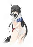  ahoge akishima_kei ass bad_id bad_pixiv_id black_hair breasts fingerless_gloves from_behind gloves green_eyes hair_over_one_eye highres ikkitousen kan'u_unchou long_hair medium_breasts no_bra no_pants panties parted_lips perky_breasts school_uniform serafuku solo thighs underboob underwear very_long_hair white_panties 