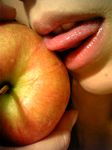  apple close-up female food fruit highres lips open_mouth photo saliva tachibana_riko tongue 