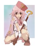 bad_id bad_pixiv_id benesse cape face hat hatena_yousei mineji no_panties pink_cape pink_hair red_eyes solo squatting 