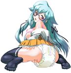  1girl ass blue_hair bra breasts diaper glasses large_breasts long_hair lowres nipples skirt socks underwear 