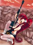  artist_request bikini_top blush breasts elbow_gloves gloves gun licking licking_weapon long_hair medium_breasts nipple_slip nipples red_hair rifle saliva short_shorts shorts solo tengen_toppa_gurren_lagann thighhighs tongue weapon yellow_eyes yoko_littner 