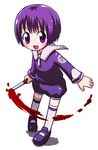  :d artist_request bangs blood blush elysion full_body holding holding_knife knife long_sleeves looking_at_viewer lowres open_mouth pigeon-toed purple purple_eyes purple_footwear purple_hair purple_shirt purple_shorts sailor_collar shirt short_hair shorts smile solo soror sound_horizon standing stitches thighhighs white_background white_legwear 