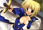  :o ahoge armor artoria_pendragon_(all) bangs blonde_hair blush breasts breasts_outside dress dutch_angle embarrassed excalibur fate/stay_night fate_(series) fighting_stance from_above grass green_eyes hair_bun highres medium_breasts nipples no_bra open_clothes open_mouth open_shirt saber shirt short_hair solo splush_wave sword turtleneck weapon 
