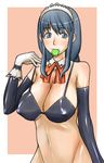  blue_eyes blue_hair bra breasts cleavage condom condom_in_mouth elbow_gloves enoshima_iki gloves huge_breasts lingerie long_hair maid mole mole_under_eye mouth_hold original solo underwear 