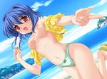  akino_takehiko blue_hair breasts character_request food highres medium_breasts mizuiro no_bra open_clothes open_shirt panties popsicle red_eyes shirt solo underwear 