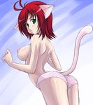  animal_ears antenna_hair breasts cat_ears cat_tail copyright_request green_eyes large_breasts nipples no_bra panties red_hair rikumoto_yoshiyuki solo striped striped_panties tail topless underwear 