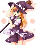  :o apron bangs black_hat black_skirt black_vest blonde_hair blue_eyes blush bow braid broom carrying_over_shoulder cowboy_shot eyebrows_visible_through_hair frilled_apron frills green_bow hair_between_eyes hair_bow hand_on_headwear hat hat_bow hat_ribbon holding holding_broom kirisame_marisa long_hair looking_at_viewer open_mouth ribbon shirt short_sleeves skirt solo standing subaru_(yachika) touhou turtleneck vest waist_apron white_apron white_background white_bow white_ribbon white_shirt witch_hat 