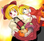  :d aki_minoriko aki_shizuha apple apron bangs blonde_hair blush blush_stickers choker des dutch_angle eating food fruit grapes hat long_sleeves looking_at_viewer multiple_girls mushroom open_mouth red_apron red_eyes ribbon_choker short_hair siblings sisters skirt skirt_basket skirt_set smile sweet_potato touhou 