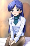  :o bed_sheet blue_eyes blue_hair blue_sweater blush breasts brown_pants cowboy_shot eyelashes g-tetsu idolmaster idolmaster_(classic) idolmaster_1 jacket kisaragi_chihaya long_hair looking_at_viewer own_hands_together pants shiny shiny_hair sitting small_breasts solo straight_hair sweat sweater tsurime turtleneck turtleneck_sweater v_arms very_long_hair white_jacket wing_collar 