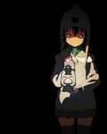  black_hair fur_coat fur_trim hat hood hood_down hoodie lantern original scarf shiwasu_takashi short_hair skirt smile solo thighhighs zettai_ryouiki 