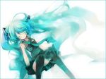  aqua_hair aqua_neckwear black_gloves black_legwear closed_eyes collared_shirt gloves hatsune_miku headgear legs_up long_hair lying necktie on_back shimeko shirt sleeveless sleeveless_shirt solo thighhighs thighs very_long_hair vocaloid zettai_ryouiki 