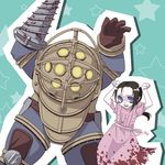  armor arms_up big_daddy bioshock bioshock_1 black_hair blood bloody_clothes blue_eyes caramelldansen dress drill gloves helmet little_sister long_hair mitake_eiru open_mouth pink_dress single_glove star starry_background torn_clothes torn_dress 