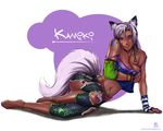  animal_ears breasts cleavage copyright_request dark_skin fox_ears fox_tail ivan_flores large_breasts silver_hair solo tail 