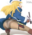  :o angry ass bangs blonde_hair blue_eyes blush brown_legwear coat fighting_stance fur_trim gloves gun gunner hat holding kneehighs kotatsu_(kotatsu3) legs long_hair open_mouth panties panties_under_pantyhose pantyhose pantyshot pantyshot_(squatting) profile sekaiju_no_meikyuu shadow simple_background solo spread_legs squatting thigh_strap underwear weapon wind wind_lift 